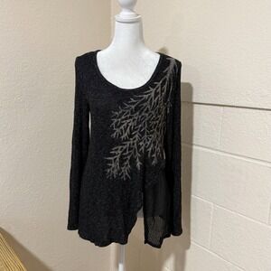 T Party Sweater Top Womens SM Black Round Neck Long Sleeves Graphic Whimsigoth‎